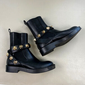 ZARA Ankle Boots Womens 36 6 Black Studded Ankle Strap Chelsea Goth Biker Vegan